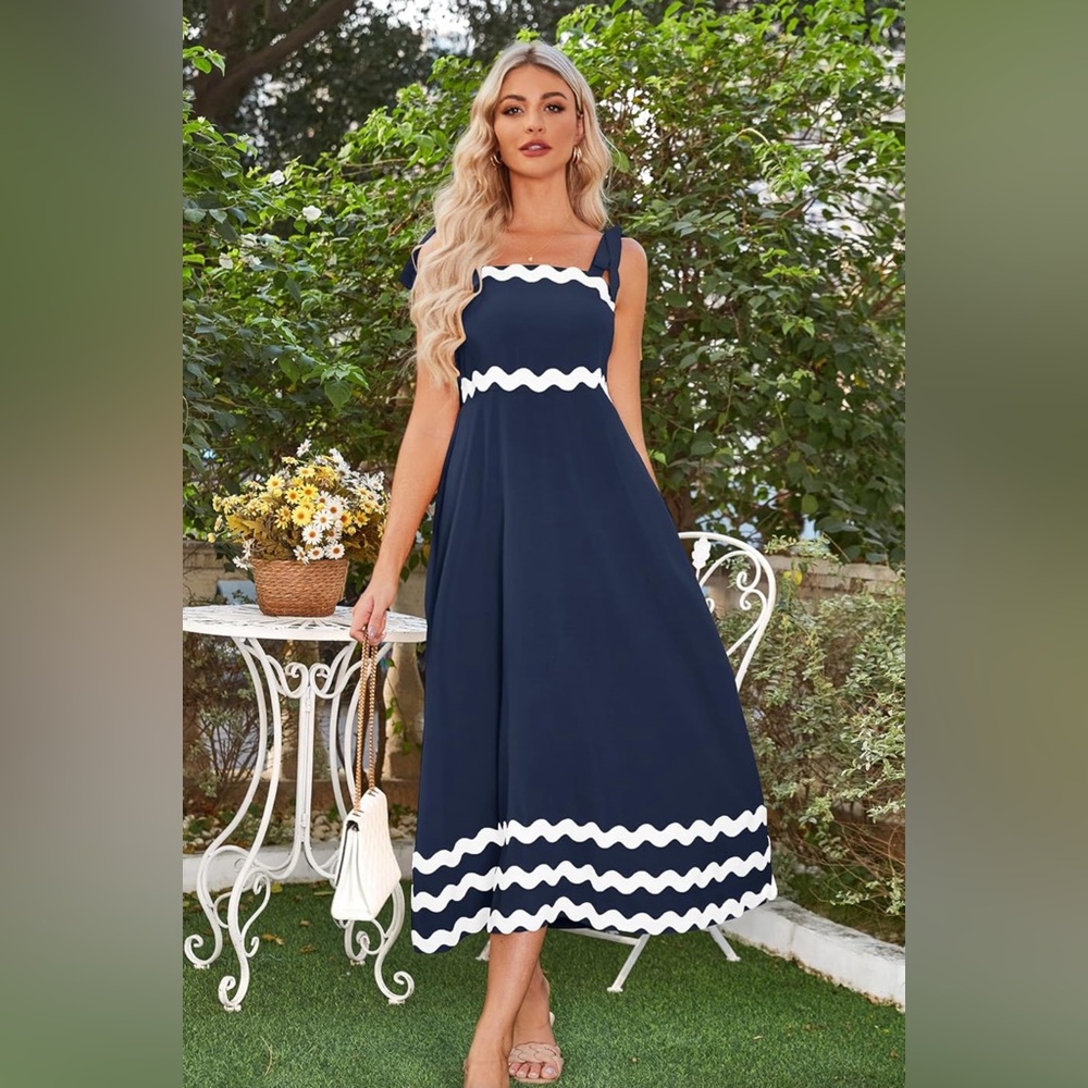 ECOWISH Spaghetti Strap Tie-up Square Neck Casual High Waisted A-Line Long Dress